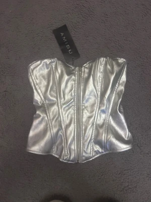 Silver korsett  - Säljer en snygg silverfärgad korsett med dragkedja framtill. Toppen är axelbandslös och har en glansig metallic yta. Perfekt för dig som vill ha en statement piece i garderoben. Helt ny, säljer för 150kr