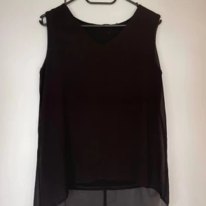 Svart ärmlös linnetopp - Säljer en svart ärmlös linnetopp med lätt transparent yttre & lite längre bak. Toppen har en rak passform och är tillverkad i ett tunt, flowy material som ger en snygg siluett. Perfekt att styla med jeans eller kjol för en clean look.