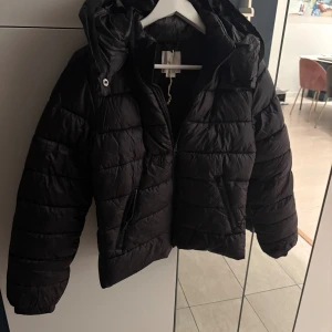 Svart pufferjacka med huva från Gina tricot  - Säljer en svart dunjacka med huva och dragkedja framtill från Gina Young. Jackan är quiltad och har två snedställda fickor med dragkedja. Den är i storlek 170 men jag skulle säga att den är lite liten i storleken så den passar nog typ en xs(kolla min profil för en liknande jacka i mörkblå från lager 157)