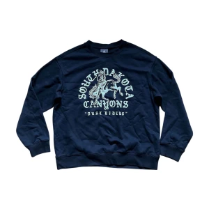 Svart sweatshirt - Cool svart sweatshirt från H&M med stort vitt cowboytryck på bröstet där det står 'South Dakota Canyons Dust Riders'. Tröjan har rund hals, långa ärmar och ribbade muddar. Perfekt för dig som gillar westernstil och streetwear.