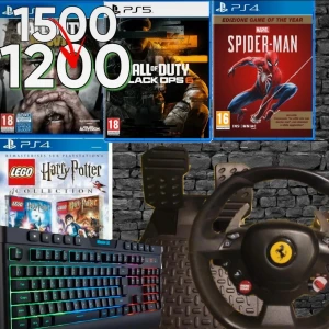 Spelpaket med racingwheel och tangentbord - Säljer ett Thrustmaster Ferrari racerratt med pedaler i fint skick, perfekt för racing på PlayStation och gaming keyboard. Ingår fyra PS4/PS5-spel: LEGO Harry Potter, Spider-Man, Call of Duty Black Ops 6 (PS5) och Call of Duty (PS4). Allt fungerar utmärkt, endast lättare bruksspår.