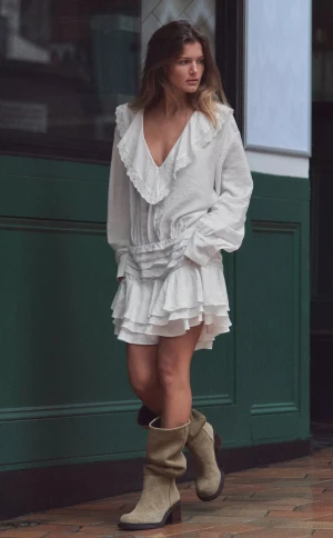 Vit omlottklänning med volanger - Nypris 559kr, använd 1 gång. Säljer en vit kortklänning med omlottkänsla och volanger.  Klänningen har långärmade ärmar, djup v-ringning med spetsdetaljer och flera lager volanger i kjolen. Materialet känns lätt och luftigt, perfekt för varmare dagar. Snygg och romantisk stil.