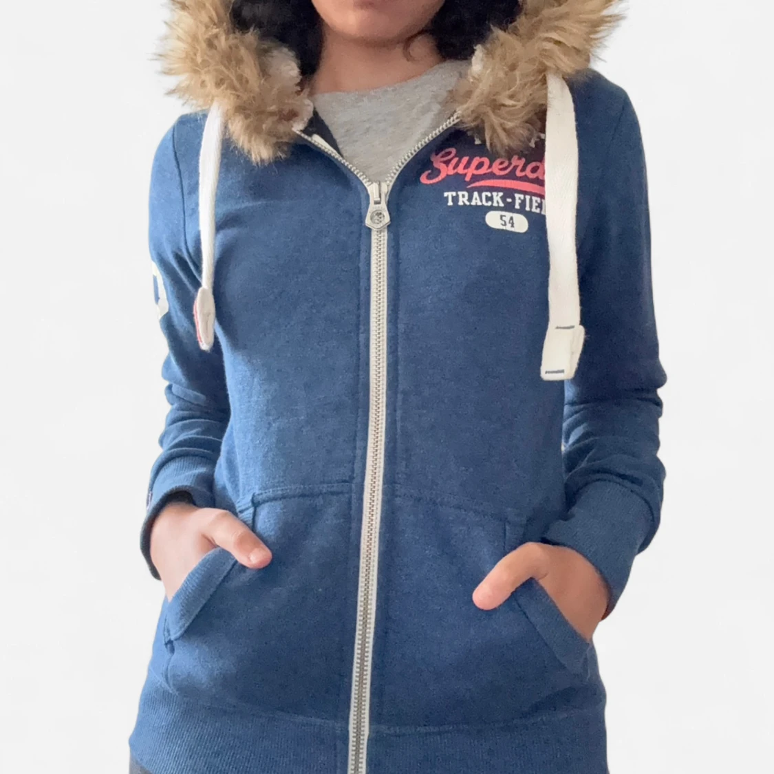 Blå dragkedja hoodie med fodrad pälshuva från Superdry XS/S - 4
