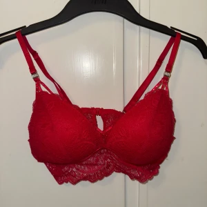Röd spets bhmed justerbara band - Snygg röd bh med vadderade kupor och vackra spetsdetaljer. Justerbara axelband och hakknäppning bak. Spetsen har ett blommigt mönster. 