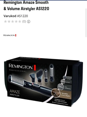 Remington Amaze Smooth & Volume AS1220 - Multifunktionell varmluftsborste med fem olika stylinghuvuden för att skapa volym, släta ut eller forma håret. Svart och silver design, med borsthuvuden i metall och plast. Kommer med förvaringsväska och manual. Perfekt för att fixa frisyren snabbt. Fint skick 300kr