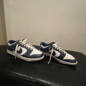 Nike Dunk Low blå och vita sneakers - Säljer ett par Nike Dunk Low sneakers i blått och vitt skinn med klassisk swoosh på sidorna. Skorna har vit snörning, perforerad tåbox och blå yttersula. Har små defekter men allt smuts går bort om du tvättar dom! Har ingen anning om pris så det är bara att buda. Bara att fråga om du undrar nåt!