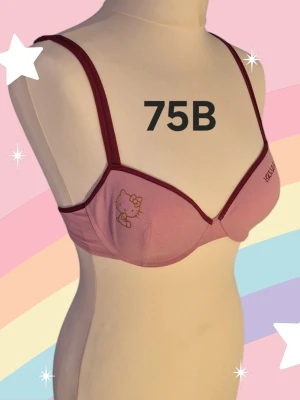 Hello Kitty rosa bh 75B - Söt rosa bh från Hello Kitty med vinröda detaljer och justerbara axelband. Framtill finns ett tryck med Hello Kitty och texten 'HELLO KITTY' på ena kupan. Bh:n har hak- och hyskknäppning bak och är gjord i mjuk bomull. Varan är oanvänd och kommer från ett konkurslager från 2000-talet. I många fall är prislappen kvar (se bild). Har fler annonser och bra bundlerabatt vid köp av flera.