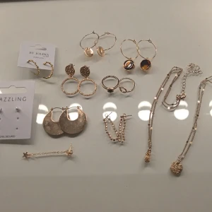 Mix av guldiga smycken och örhängen - Säljer ett kitt med  trendiga guldiga smycken: flera par örhängen i olika former som hoops, två halsband med hängsmycken, samt två ringar. Perfekt för dig som gillar att variera din stil. Kommer packa allt i förpackningen som man ser på sista bilden 