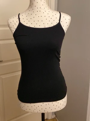 Svart enkel linnetopp - Svart linne med smala axelband och figurnära passform. Perfekt att matcha med jeans eller kjol för en clean look. Materialet känns mjukt, troligen bomull eller polyester. Finns ingen lapp. 