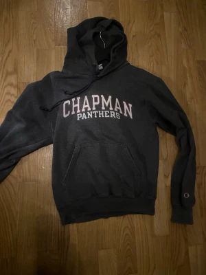 Mörkgrå Champion hoodie Chapman - Mörkgrå hoodie från Champion med trycket 'CHAPMAN PANTHERS' på bröstet. Klassisk känguruficka framtill, dragsko i huvan och broderad Champion-logga på ärmen. Perfekt för dig som gillar college-stil och sportiga vibes.