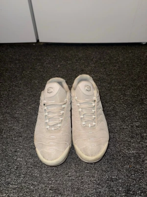 Vita Nike Air Max Plus Tn sneakers - Säljer ett par vita Nike Air Max Plus Tn sneakers med mesh- och syntetmaterial. Skorna har den klassiska Tn-loggan bak och en chunky sula med synlig Air-enhet. Snyggt mönster på ovandelen och vita skosnören. Perfekta för dig som gillar streetwear.