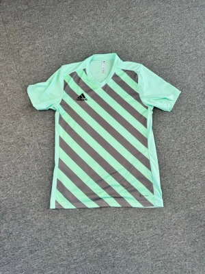 Mintgrön sporttröja från Adidas + shorts - Sportig mintgrön t-shirt från Adidas med diagonala grå ränder på framsidan och svart Adidas-logga. Tröjan har korta ärmar, V-ringning och är tillverkad i ett lätt, snabbtorkande material som passar perfekt för träning.