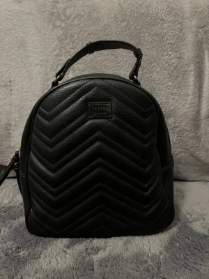Svart quiltad ryggsäck från Tessra - Snygg svart ryggsäck från Tessra med quiltad design i sicksackmönster. Väskan är tillverkad i skinnimitation och har både handtag upptill och justerbara axelremmar. Perfekt storlek för att bära med sig det viktigaste och stängs med dragkedja.