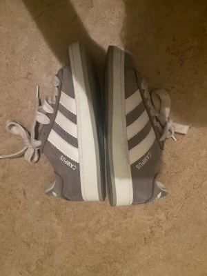 Grå Adidas Campus sneakers - Säljer ett par grå Adidas Campus sneakers med klassiska vita ränder på sidorna och vit sula. Skorna har snörning och är tillverkade i mocka med rund tå. Adidas-loggan syns på hälen och Campus-tryck på sidan. Perfekt för dig som gillar retrostil och streetwear.