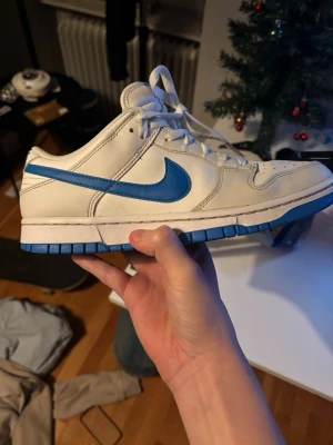 Ett par blåa, gråa och vita dunks i storlek 42,5 - Ett par 1 år gammal nike dunks som jag säljer eftersom att jag har växt ur dom