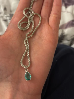 Halsband  - Säljer en halsband med grön amoulett. Den är silverfärgad 