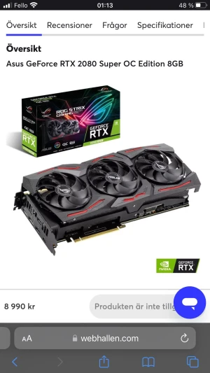 Asus ROG Strix GeForce RTX 2080 Super OC 8GB - Kraftfullt grafikkort med 8GB GDDR6-minne, PCI Express 3.0 x16, och avancerad kylning med tre fläktar. Perfekt för gaming och krävande grafikuppgifter. Produkten ser ut att vara i nyskick, ingen synlig slitage eller defekter.