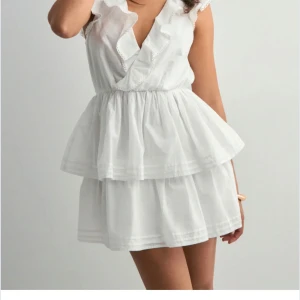 Vit omlottklänning med volanger - Supersöt vit kortklänning med omlott och volangdetaljer. Klänningen har v-ringad hals, öppen rygg med knytband och dubbla lager i kjolen för extra fluff. Ärmlös design med romantiska volanger längs axlar och halsringning. Perfekt för sommarens alla tillfällen! Använd en gång. 