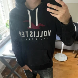 Svart hoodie från Hollister - Svart hoodie från Hollister med stor vit broderad logga och röd fågel framtill. Tröjan har vit snörning i huvan, känguruficka och är långärmad. Perfekt för dig som gillar en avslappnad och stilren look.