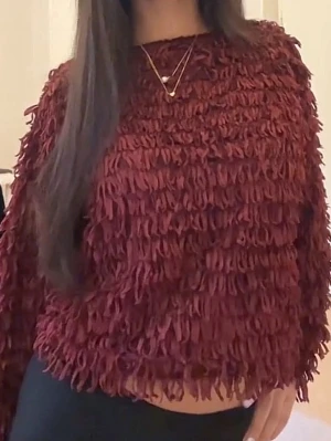 Vinröd tröja - Säljer en vinröd tröja med långa ärmar och massor av fransar över hela plagget. Tröjan har en loose passform och är riktigt mjuk och mysig. Perfekt för dig som vill sticka ut med en unik look.