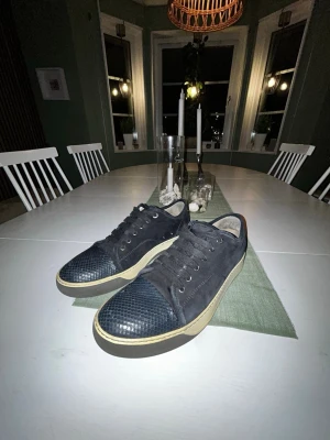 Svarta sneakers från Lanvin med mocka - Tjena! Säljer nu ett par riktigt coola och unika lanvins skor, skorna är i riktigt bra sick utan några hål eller större fläckar, storleken i storlek är 11 så ungefär 44 i storlek, tyvärr så har jag inte kvar boxen eller dast bagg, Skriv för minsta fundering 💭 