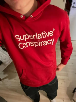 Röd hoodie från WeSC - Säljer en röd hoodie från WeSC med texten 'Superlative Conspiracy' tryckt i vitt på bröstet. Hoodien har huva med dragsko och en stor magficka. Tillverkad i mjukt bomullsmaterial och har ribbade muddar vid ärmslut och nederkant. Passar M också