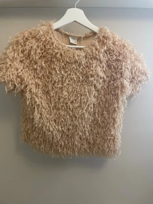 Beige fluffig topp från Zara - Säljer en beige fluffig topp från Zara i storlek 9. Toppen har korta ärmar och är täckt av långa, mjuka fransar. Jag har haft den en lång tid men är inte använd så mycket.