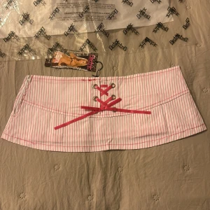 Randig minikjol med snörning och rosetter - Supersöt kortkjol från Electric Lingerie i vitt med tunna rosa ränder. Framtill finns snörning med rosa satinband och metallöljetter. Baktill har kjolen små rosetter och mesh-detaljer i rosa. Kjolen är figurnära och har en lekfull vibe.