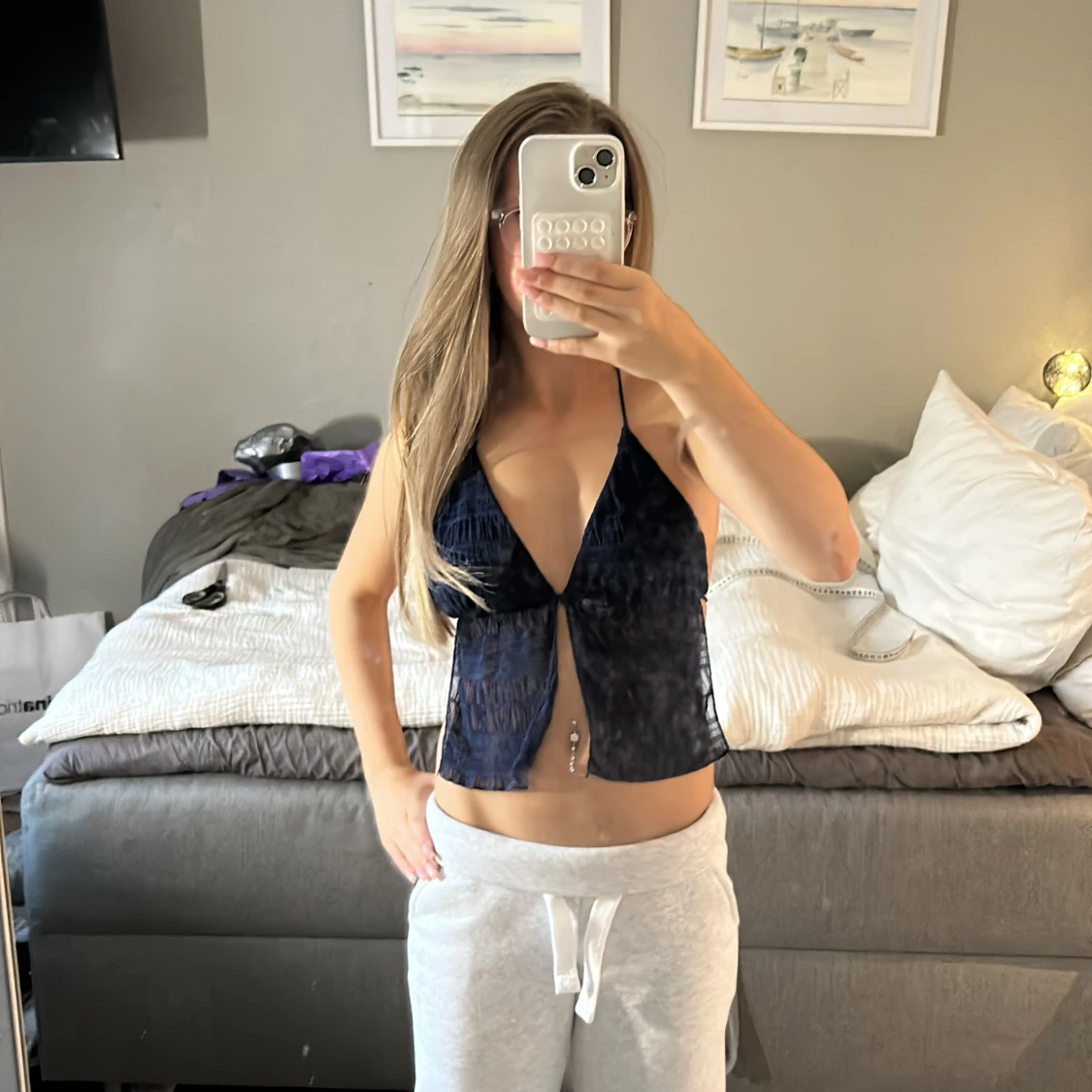 Mörkblå sammetstopp med snörning - 1