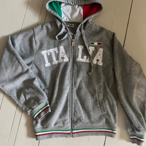 Grå hoodie med Italia-tryck  - Grå hoodie från Chip. Framsidan har stort vitt 'ITALIA'-tryck och en liten italiensk flagga. Huva med insida i grönt, vitt och rött. Muddar och nederkant har ränder i italienska flaggans färger. Perfekt för dig som gillar y2k stil! 