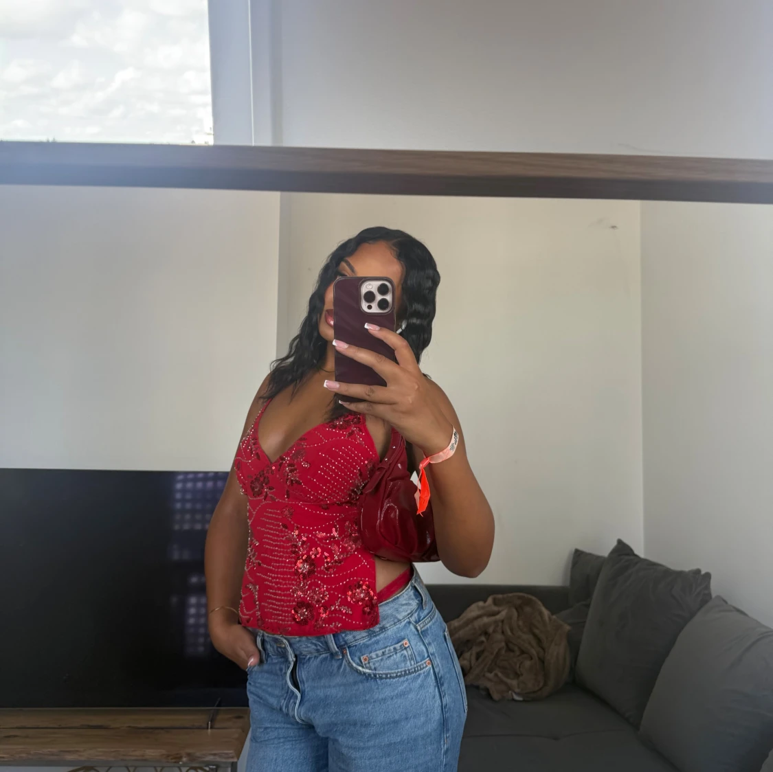 Röd paljettbeströdd linnetopp - 2