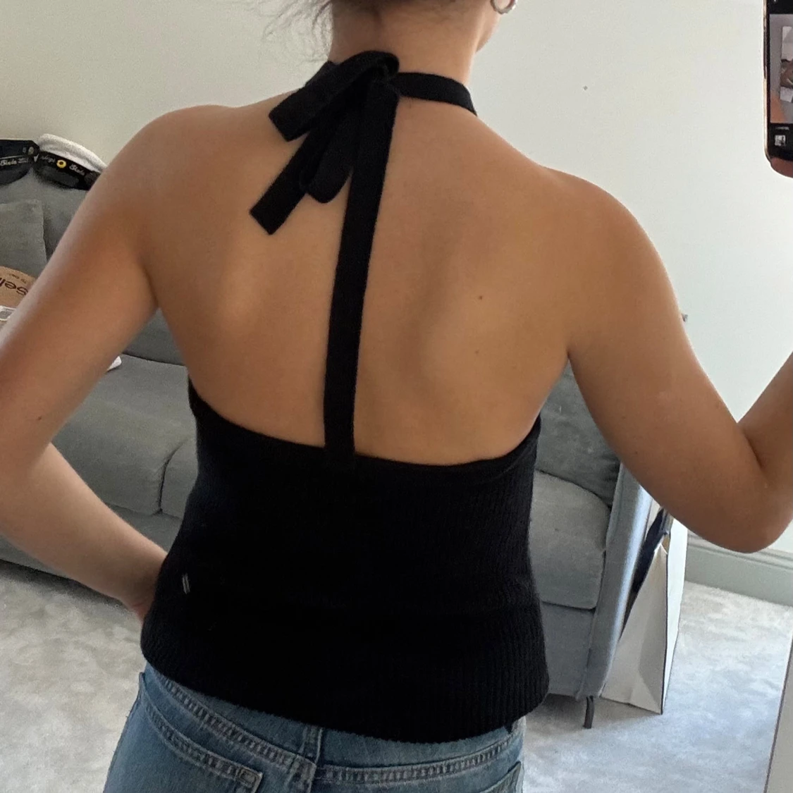 Svart ribbad halterneck stickad topp - 2