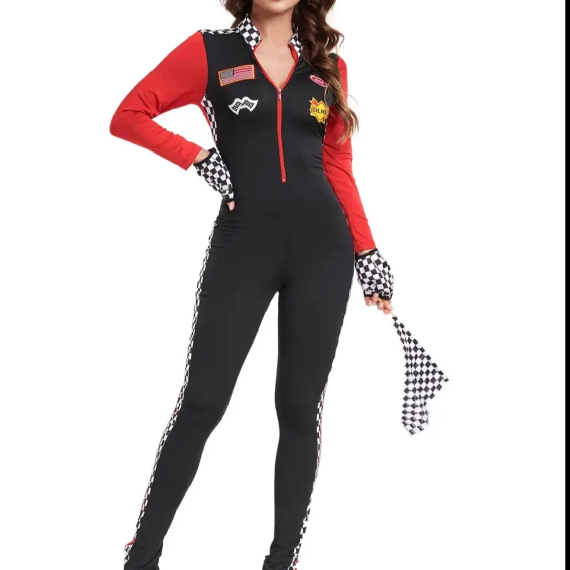 Svart racingdräkt med röda ärmar