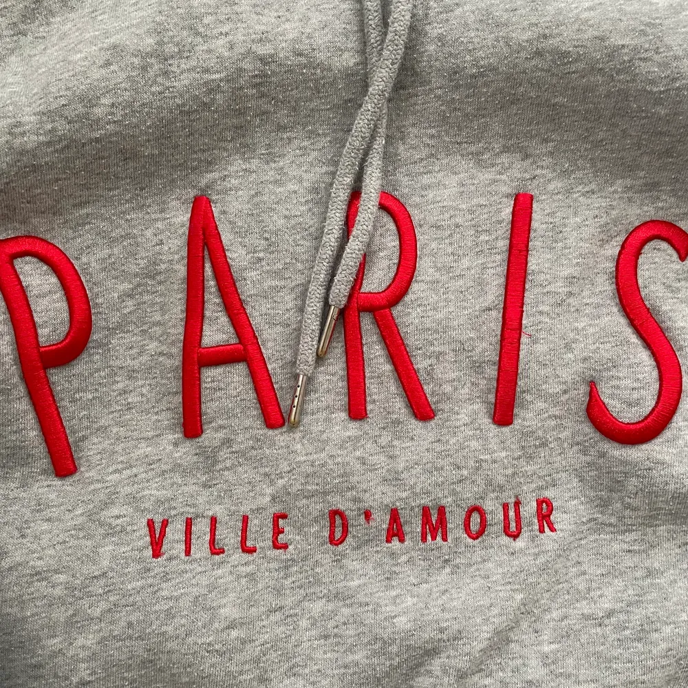 Säljer denna as snygga hoodie med texten PARIS! Köpt från hm, str, S! Passar till as mycket och är skit snygg till ett par jeans nu när det blir kallare!! Köpare står för frakt! Kan tänka mig gå ner i pris vid snabb affär!❤️❤️. Hoodies.