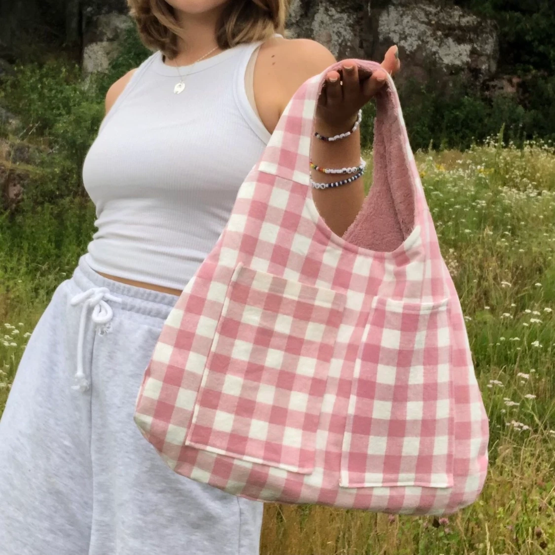 Handsydd större rosa frotté väska /tygpåse - 90