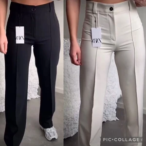 Zara full length byxa strl M - Trendiga beiga & svarta kostymbyxor från Zara i storlek M. Säljer pågrund av fel storlek så dom är oanvända i nyskick. Köp båda för 500kr eller ett par för 300kr!
