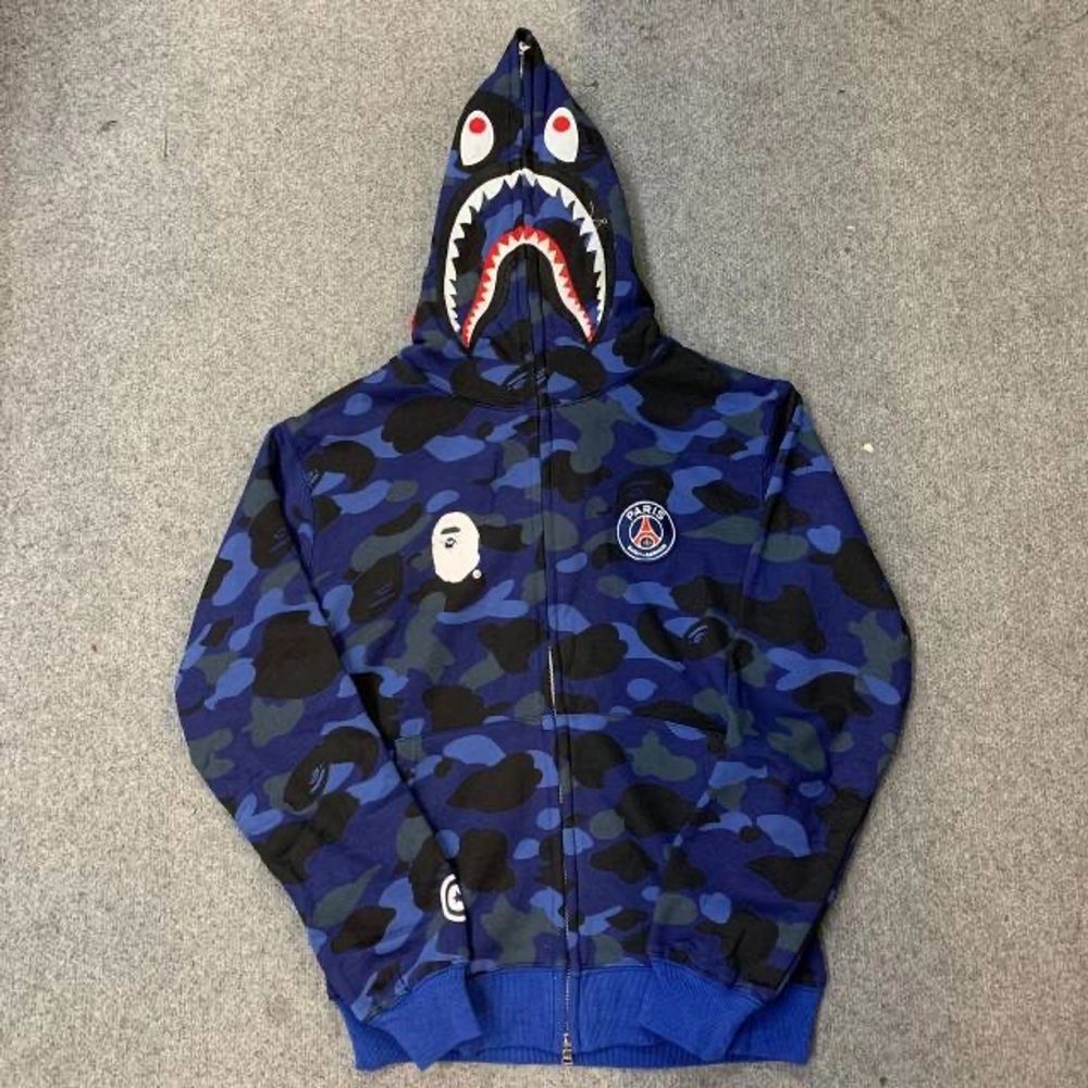 BAPE Tide Brand Shark Head PSG Paris Saint-Germain Name Camouflage Blue  Sweater Men And Women Hooded Couple Jacket | lupon.gov.ph