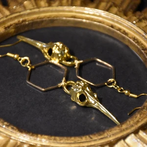 Örhängen skallar - Örhängen med guldiga fågelskallar och hexagoner. Krokarna är nickelfria.  