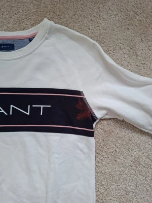 Vit sweatshirt från Gant med logga - Vit sweatshirt från Gant med svart och rosa panel över bröstet där GANT-loggan är tryckt. Tröjan har rund halsringning med rosa detalj på insidan och är tillverkad i mjuk bomull. Stl 176.