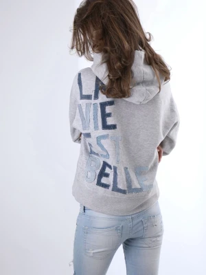 Unik grå hoodie med jeanstext ”LA VIE EST BELLE” - Otroligt fin och unik hoodie med jeans detaljer på ryggen. Texten som står på ryggen är ”LA VIE EST BELLE”!!  - Storlek: S - Modellen är 175 cm för referens och bär vanligtvis XS-S!!  Hoodien är i jättebra skick och har inga defekter (vad vi märkt)!!  Vid frågor eller funderingar - tveka inte att höra av dig🪽 
