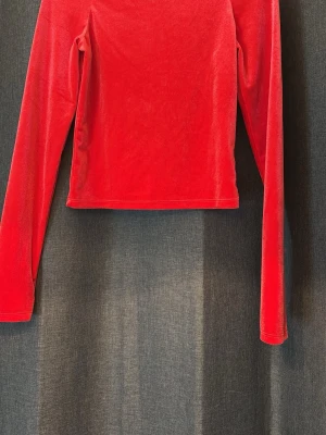 Röd sammetstopp med lång ärm - En enkel men snygg röd topp i mjuk sammet med lång ärm. Modellen är rak och croppad, perfekt att styla med höga jeans eller kjol. Toppen har inga synliga detaljer eller mönster och ger en clean look.