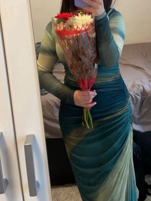 Magisk Mesh Maxi Dress i XS | Endast använd en gång - Säljer nu min fantastiska långärmade klänning i ett unikt akvarellmönster! Som ni ser på bilden går färgerna i vackra toner av smaragdgrönt, blått och mjukt gult. Det är en stretchig mesh-klänning med foder undertill, så den sitter otroligt bekvämt samtidigt som den ger en lyxig känsla. Den har en ruched detalj (rynkning) längs sidan som skapar en fantastiskt smickrande figur och ett fint fall. Detaljer: • Storlek: XS. • Skick: Mycket bra skick. • Användning: Endast använd en gång!