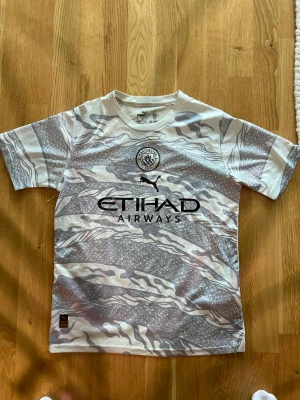 Manchester City bortatröja Puma - Snygg Manchester City bortatröja från Puma i vitt och grått med grafiskt mönster. Tröjan har klubbmärke och Puma-logga på bröstet samt Etihad Airways tryckt framtill. Tillverkad i lätt och ventilerande material, perfekt för fotboll eller träning.