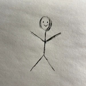 Roberto - En enkel handritad streckgubbe med ett leende ansikte, tecknad med svart bläck på vitt papper. Figuren har cirkelformat huvud och raka linjer för armar, ben och kropp. Perfekt som dekoration eller för att ge bort som en rolig present.