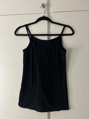 Svart enkel linnetopp - Säljer en svart linnetopp med smala axelband och rak passform. Toppen är stilren och funkar till det mesta, perfekt att matcha med jeans eller kjol. Materialet känns mjukt och lätt, troligen bomull eller polyester.