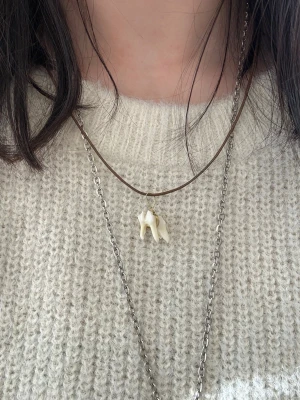 Halsband med tand och kedja - Unikt halsband med två vita tänder som hänge på en brun läderrem, kombinerat med en silverfärgad metallkedja. Perfekt för dig som gillar alternativa och edgy accessoarer. Inget synligt märke.