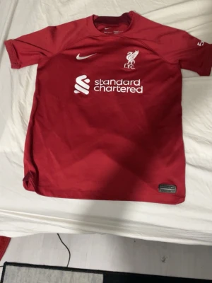 Liverpool matchtröja Nike röd - Liverpool FC matchtröja i rött med vita detaljer och sponsorloggor. Tröjan har tryck med 'VIRGIL' och nummer 4 på ryggen. Materialet är lätt och andas, perfekt för fotboll eller träning. Klassisk rund hals och korta ärmar.
