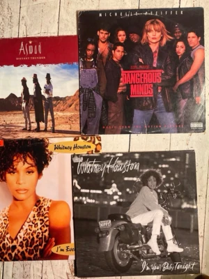 Samling vinylskivor med klassiska album - Säljer ett paket med ikoniska vinylskivor från artister som Whitney Houston, Salt 'N' Pepa, Aswad och soundtracket till Dangerous Minds. Omslagen har färgstarka och svartvita motiv, och skivorna är i klassiskt LP-format. Perfekt för dig som gillar soul, pop, hiphop och reggae.