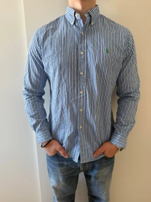 Ralph lauren skjorta - Säljer en snygg grön/blå vitrandig skjorta, inga defekter i form av fläckar eller hål, skick 9/10. Storlek M custom fit