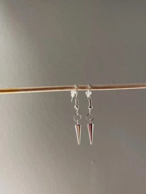 Silvriga konformade örhängen - Säljer ett par silvriga örhängen med konformade hängen. De har en minimalistisk och edgy stil med enkel krok och metallfinish. Perfekta för dig som gillar stilrena accessoarer med attityd. Egengjorda